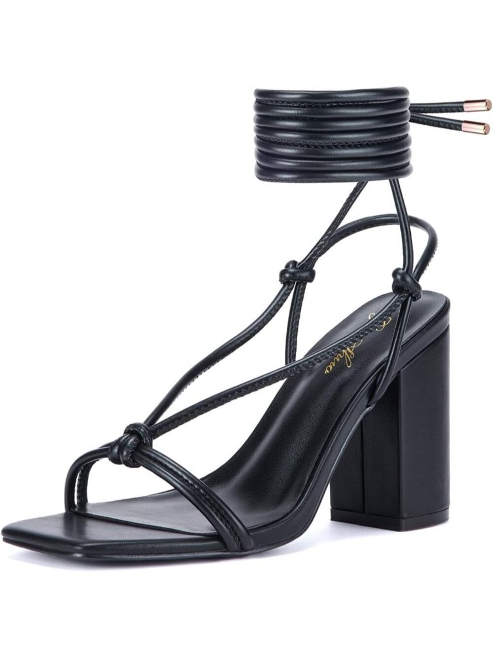 Women's Square Toe Sandals Black Lace up Chunky High Heels Strappy Block Heel